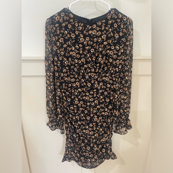 Storia Black Rouched Floral Mini Dress Long Sleeve Ruffles Size Small - Picture 3 of 8
